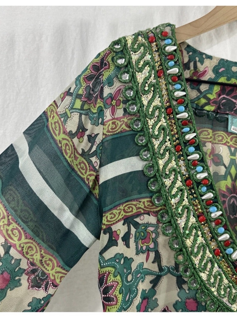 TAJ- Original Silk Designer Red, Green, Blue, gorgeous silk appliqué beading S